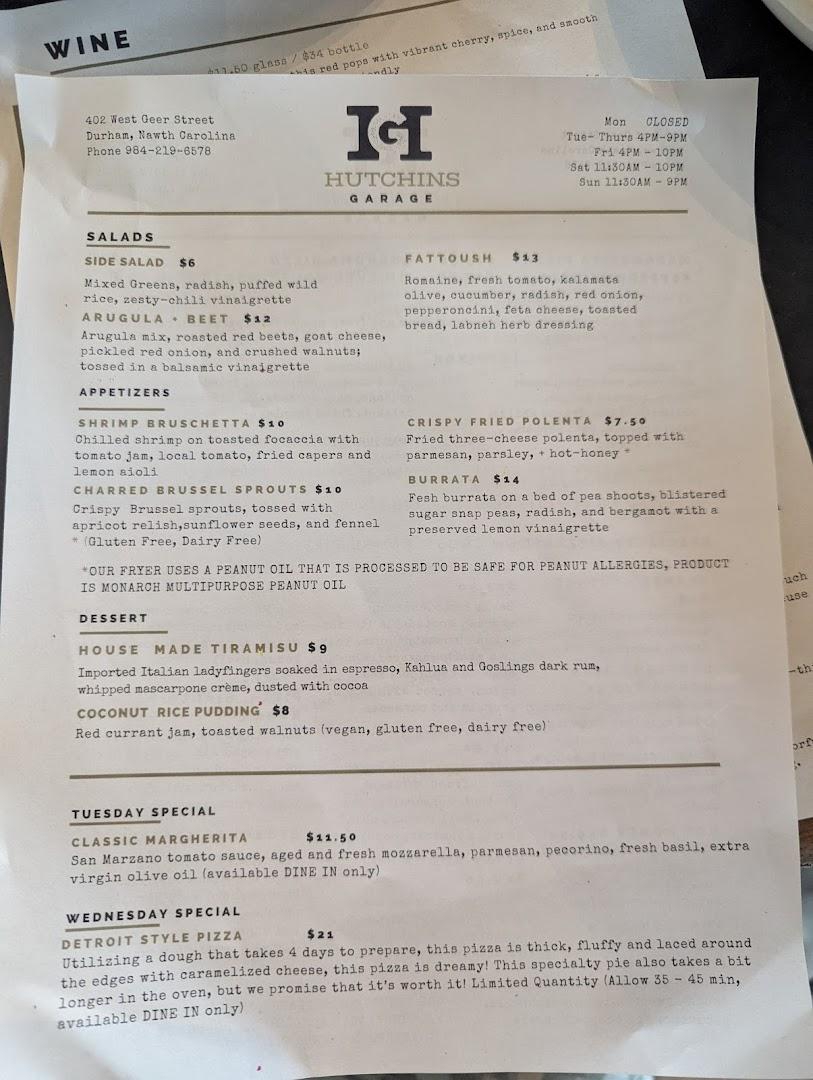 Hutchins Garage Menu image 1